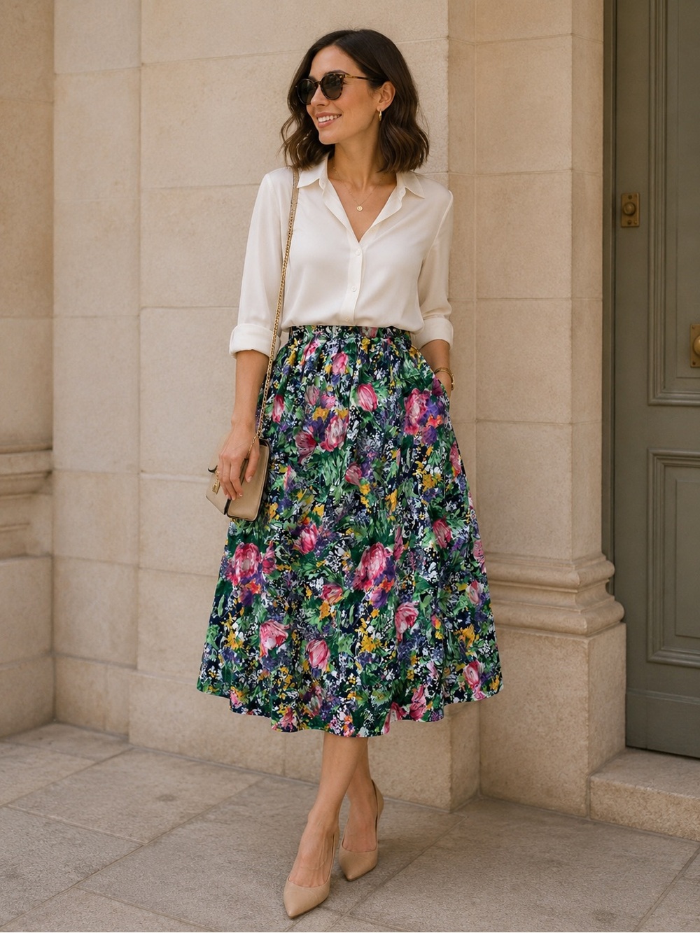 Vintage Floral Midi Skirt with Pink & Green Blooms